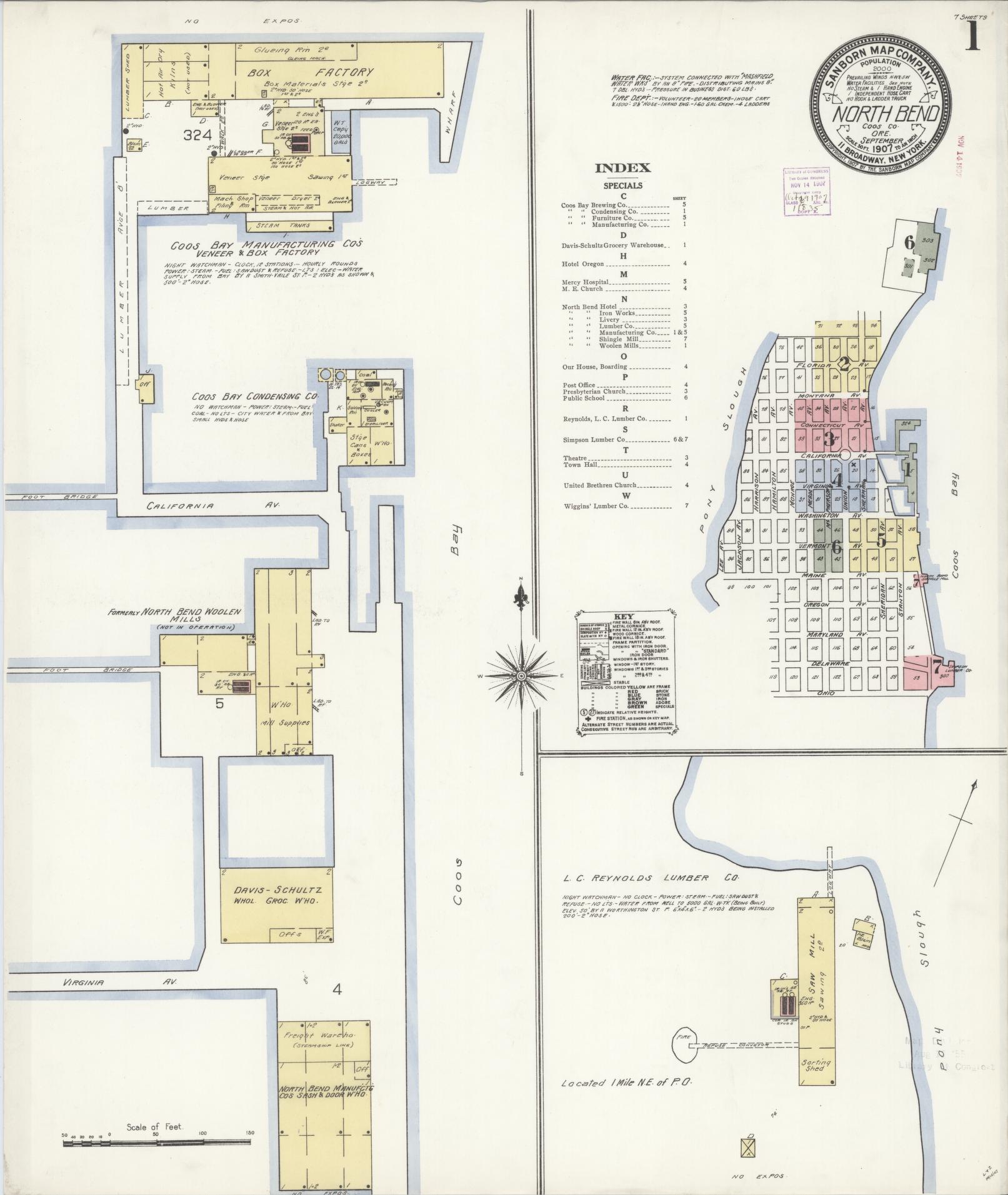 Sanborn Fire Insurance Map from North Bend, Coos County, Oregon (1907), Sheet #0001 - Complete Map Set gallery image, historic Sanborn map, vintage wall art, Oregon Oregon