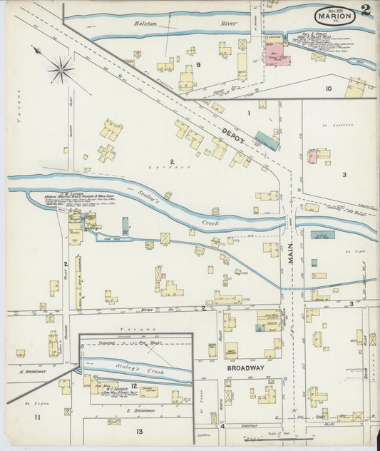 Sanborn Fire Insurance Map from Marion, Smyth County, Virginia (1891), Sheet #0002 - Historic Sanborn Fire Insurance Map Print, vintage old map wall art, antique decor, genealogy gift, Virginia Virginia map