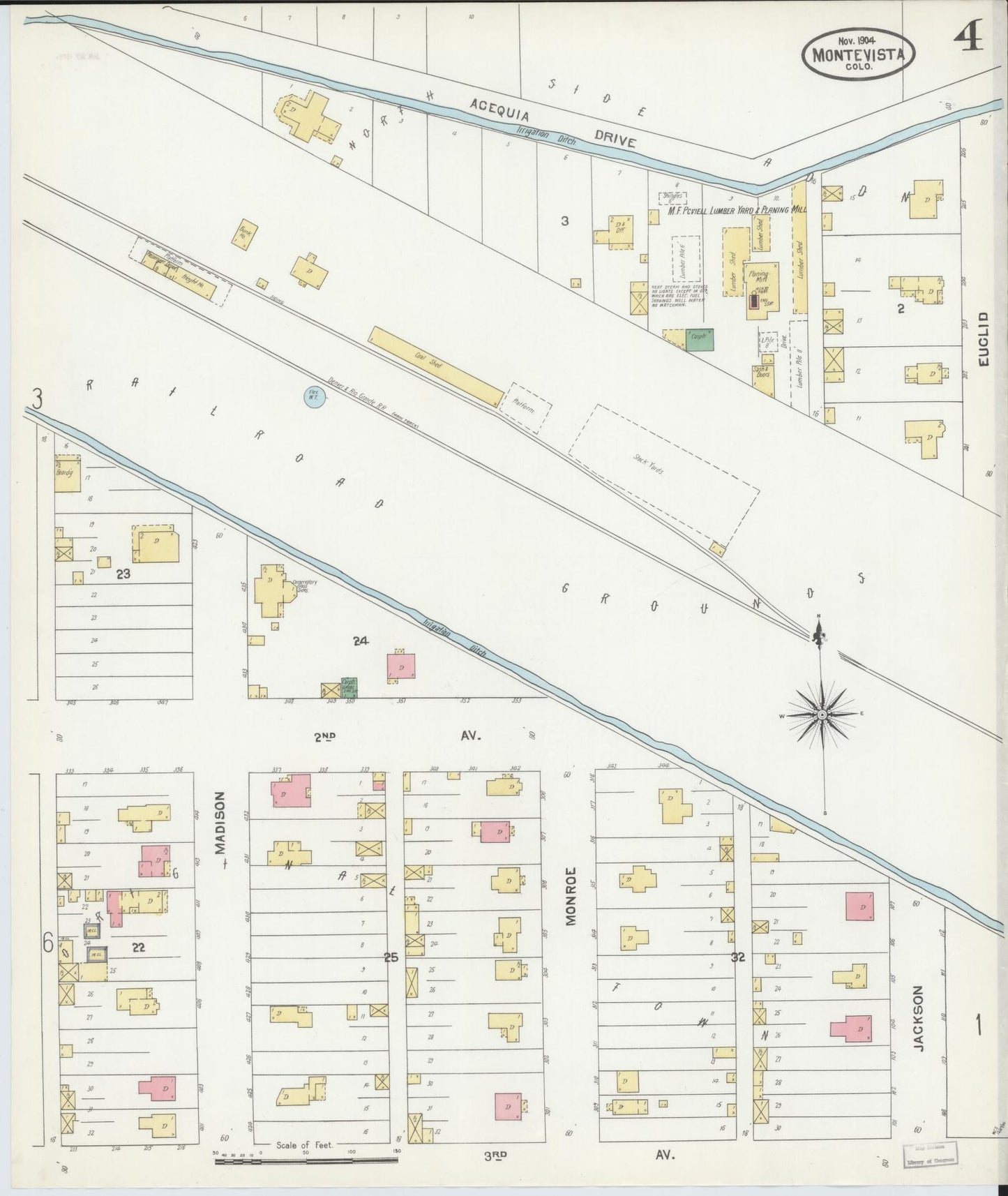 Sanborn Fire Insurance Map from Monte Vista, Rio Grande County, Colorado (1904), Sheet #0004 - Historic Sanborn Fire Insurance Map Print, vintage old map wall art, antique decor, genealogy gift, Colorado Colorado map