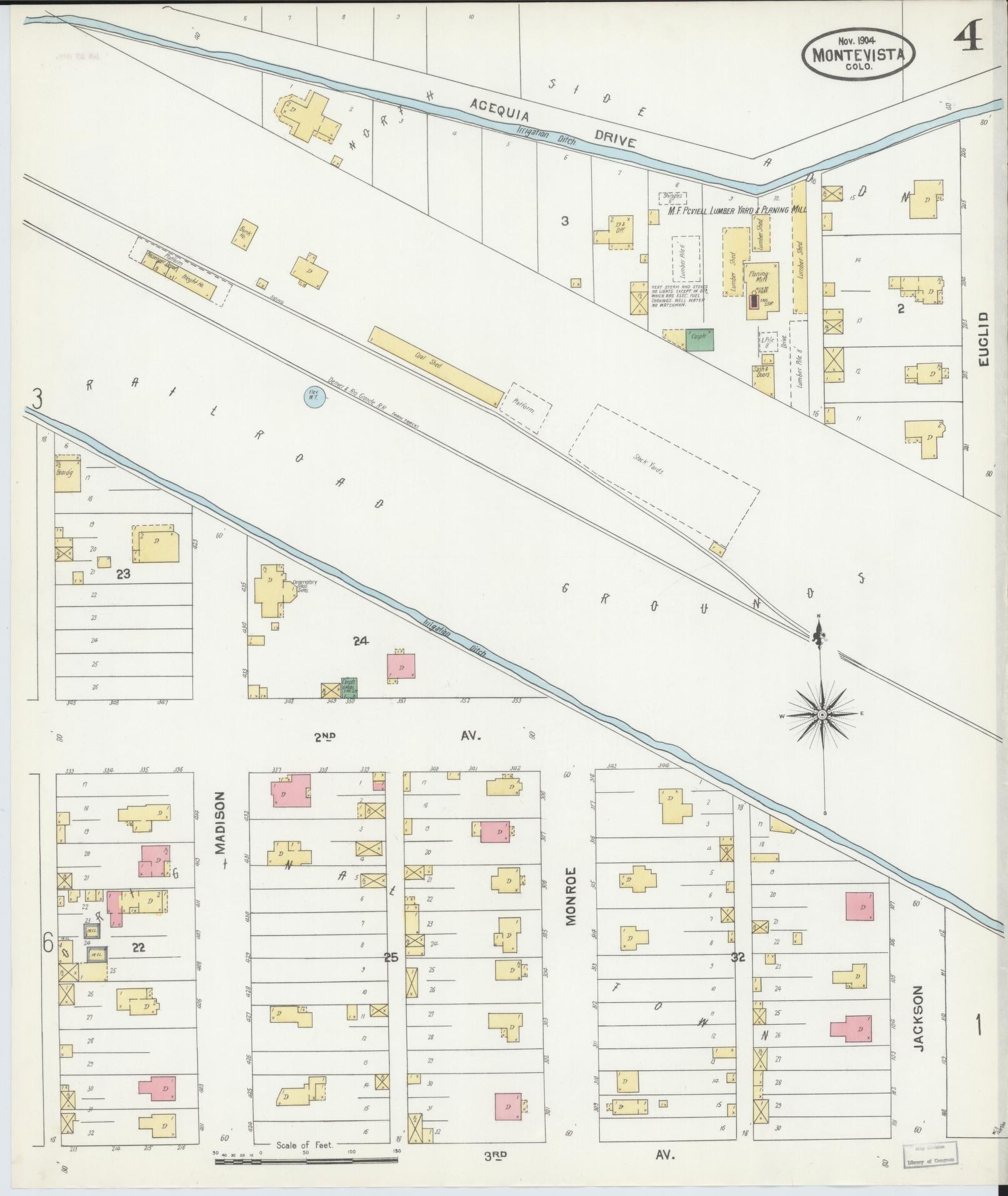 Sanborn Fire Insurance Map from Monte Vista, Rio Grande County, Colorado (1904), Sheet #0004 - Historic Sanborn Fire Insurance Map Print, vintage old map wall art, antique decor, genealogy gift, Colorado Colorado map