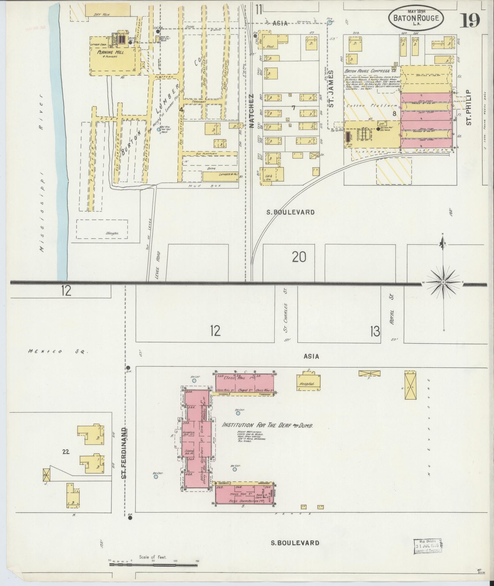 Sanborn Fire Insurance Map from Baton Rouge, East Baton Rouge Parish, Louisiana (1898), Sheet #0019 - Historic Sanborn Fire Insurance Map Print, vintage old map wall art, antique decor, genealogy gift, Louisiana Louisiana map