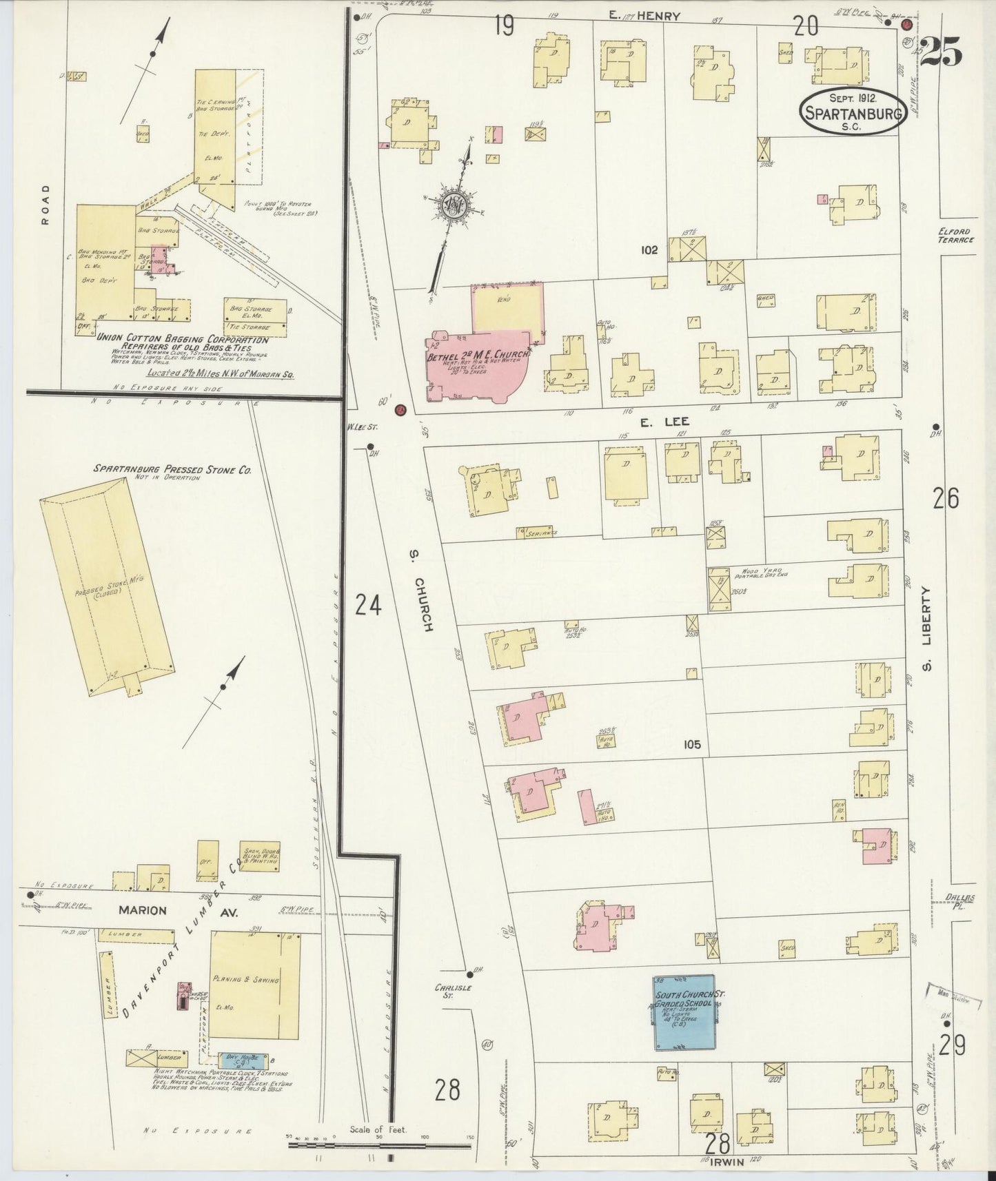 Sanborn Fire Insurance Map from Spartanburg, Spartanburg County, South Carolina (1912), Sheet #0025 - Complete Map Set gallery image, historic Sanborn map, vintage wall art, South Carolina South Carolina