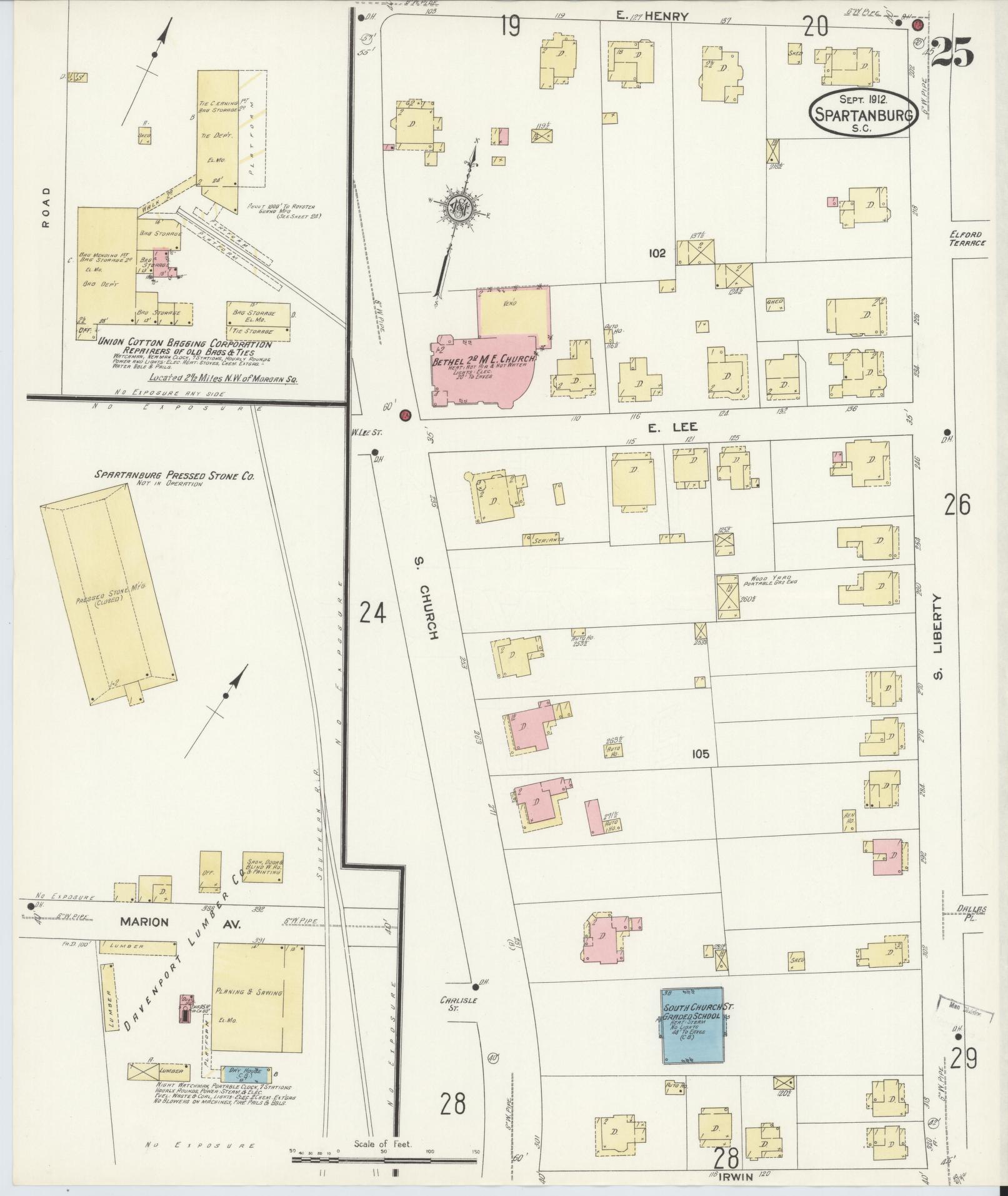 Sanborn Fire Insurance Map from Spartanburg, Spartanburg County, South Carolina (1912), Sheet #0025 - Complete Map Set gallery image, historic Sanborn map, vintage wall art, South Carolina South Carolina