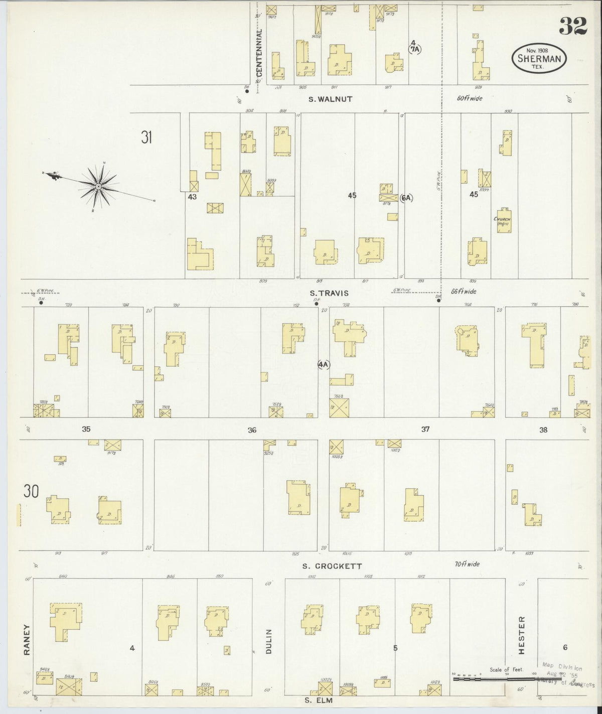 Sanborn Fire Insurance Map from Sherman, Grayson County, Texas (1908), Sheet #0032 - Complete Map Set gallery image, historic Sanborn map, vintage wall art, Texas Texas