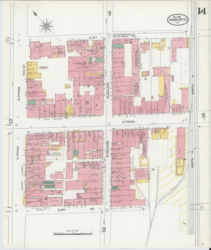 Sanborn Fire Insurance Map from Charlotte, Mecklenburg County, North Carolina (1905), Sheet #0014 - Historic Sanborn Fire Insurance Map Print, vintage old map wall art, antique decor, genealogy gift, North Carolina North Carolina map