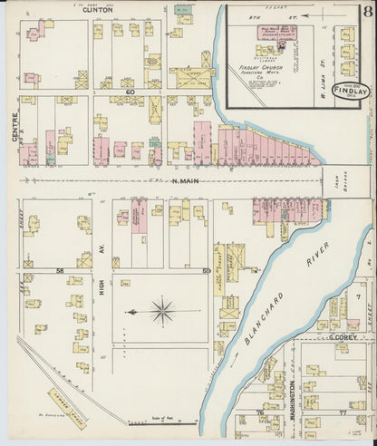 Sanborn Fire Insurance Map from Findlay, Hancock County, Ohio (1890), Sheet #0008 - Historic Sanborn Fire Insurance Map Print, vintage old map wall art, antique decor, genealogy gift, Ohio Ohio map