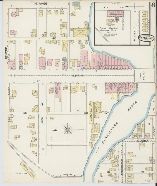 Sanborn Fire Insurance Map from Findlay, Hancock County, Ohio (1890), Sheet #0008 - Historic Sanborn Fire Insurance Map Print, vintage old map wall art, antique decor, genealogy gift, Ohio Ohio map