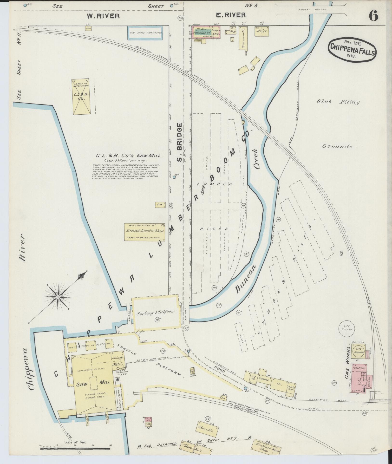 Sanborn Fire Insurance Map from Chippewa Falls, Chippewa County, Wisconsin (1890), Sheet #0006 - Historic Sanborn Fire Insurance Map Print, vintage old map wall art, antique decor, genealogy gift, Wisconsin Wisconsin map