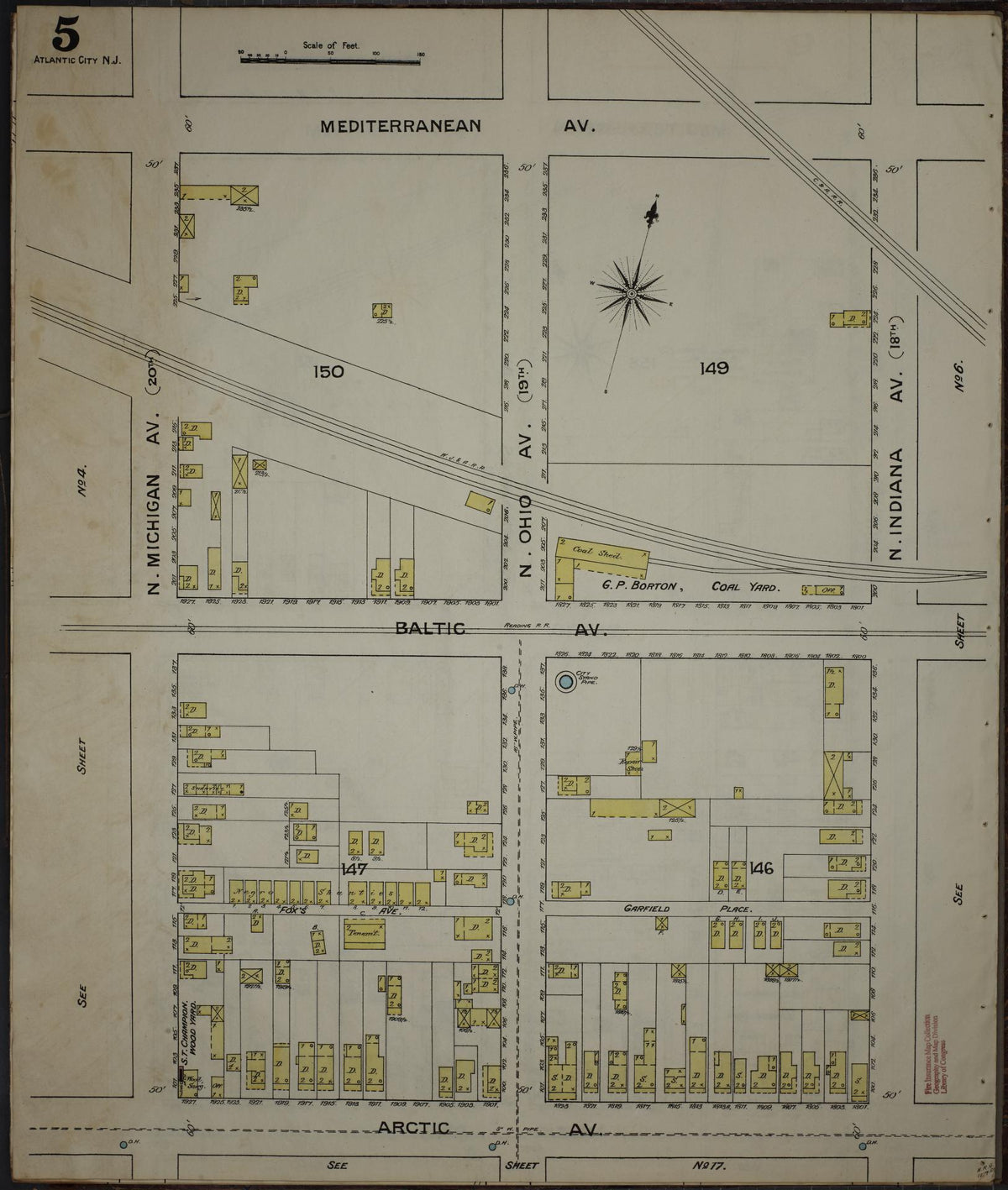 Sanborn Fire Insurance Map from Atlantic City, Atlantic County, New Jersey (1886), Sheet #0005 - Historic Sanborn Fire Insurance Map Print, vintage old map wall art, antique decor, genealogy gift, New Jersey New Jersey map