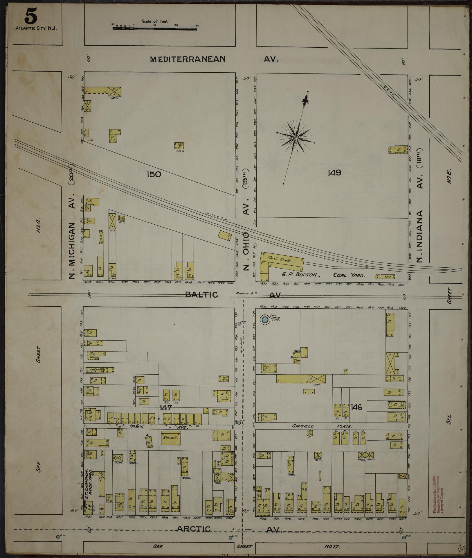 Sanborn Fire Insurance Map from Atlantic City, Atlantic County, New Jersey (1886), Sheet #0005 - Historic Sanborn Fire Insurance Map Print, vintage old map wall art, antique decor, genealogy gift, New Jersey New Jersey map
