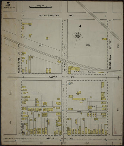 Sanborn Fire Insurance Map from Atlantic City, Atlantic County, New Jersey (1886), Sheet #0005 - Historic Sanborn Fire Insurance Map Print, vintage old map wall art, antique decor, genealogy gift, New Jersey New Jersey map