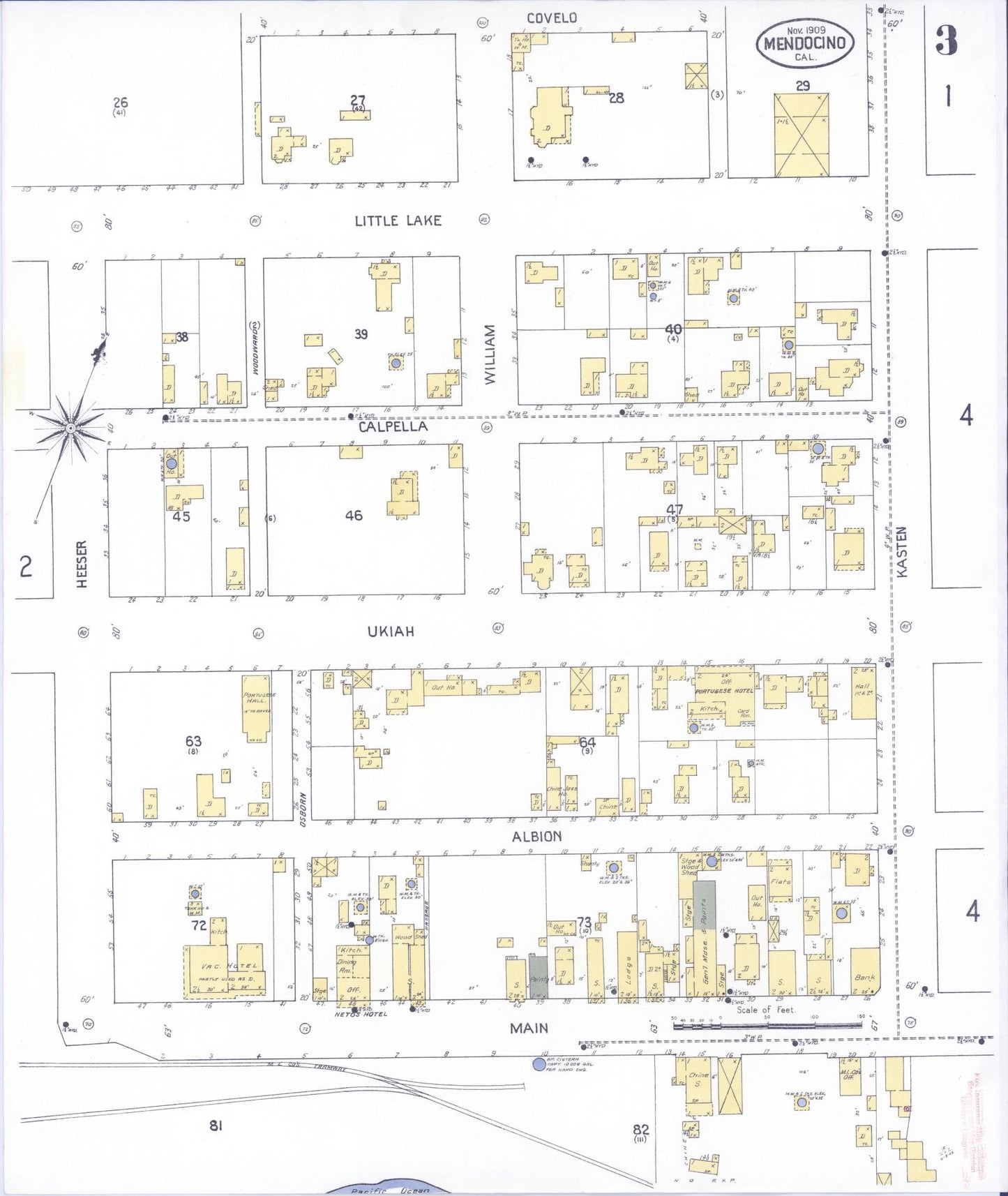 Sanborn Fire Insurance Map from Mendocino, Mendocino County, California (1909), Sheet #0003 - Historic Sanborn Fire Insurance Map Print, vintage old map wall art, antique decor, genealogy gift, California California map