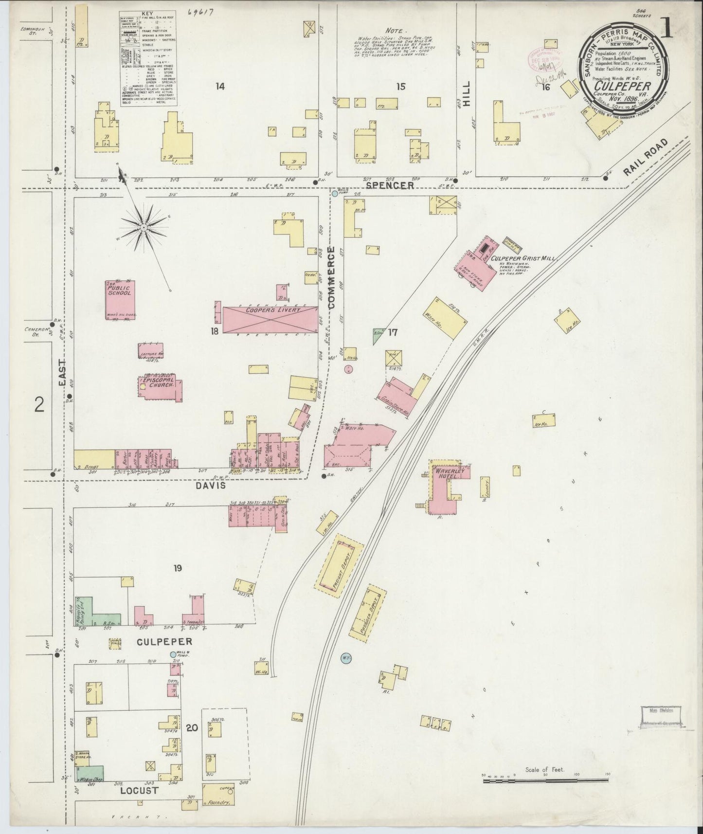Sanborn Fire Insurance Map from Culpeper, Culpeper County, Virginia (1896), Sheet #0001 - Historic Sanborn Fire Insurance Map Print, vintage old map wall art, antique decor, genealogy gift, Virginia Virginia map