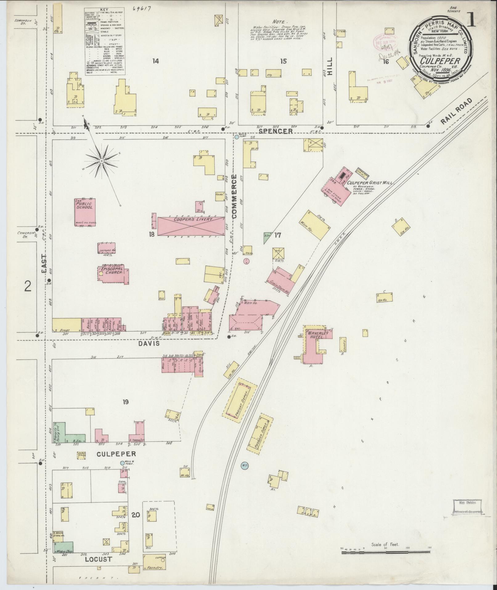 Sanborn Fire Insurance Map from Culpeper, Culpeper County, Virginia (1896), Sheet #0001 - Historic Sanborn Fire Insurance Map Print, vintage old map wall art, antique decor, genealogy gift, Virginia Virginia map