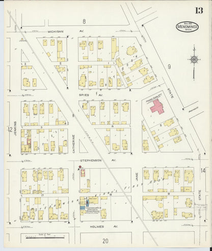 Sanborn Fire Insurance Map from Menominee, Menominee County, Michigan (1913), Sheet #0013 - Historic Sanborn Fire Insurance Map Print, vintage old map wall art, antique decor, genealogy gift, Michigan Michigan map
