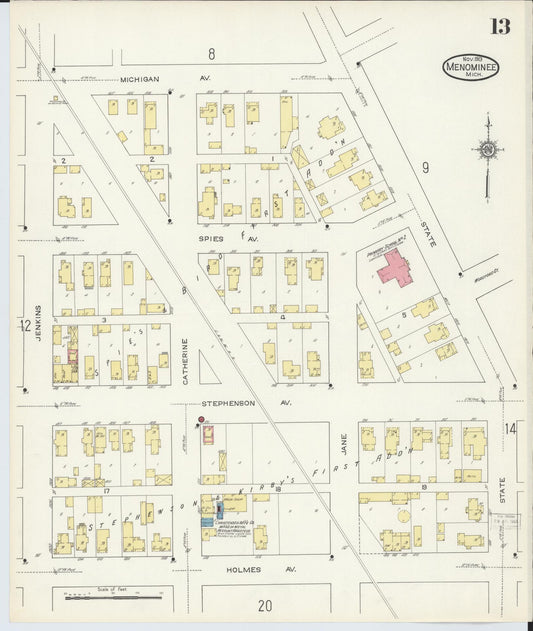 Sanborn Fire Insurance Map from Menominee, Menominee County, Michigan (1913), Sheet #0013 - Historic Sanborn Fire Insurance Map Print, vintage old map wall art, antique decor, genealogy gift, Michigan Michigan map