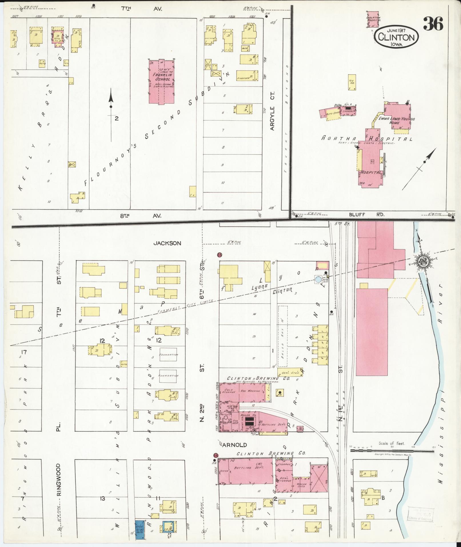Sanborn Fire Insurance Map from Clinton, Clinton County, Iowa (1917), Sheet #0036 - Historic Sanborn Fire Insurance Map Print, vintage old map wall art