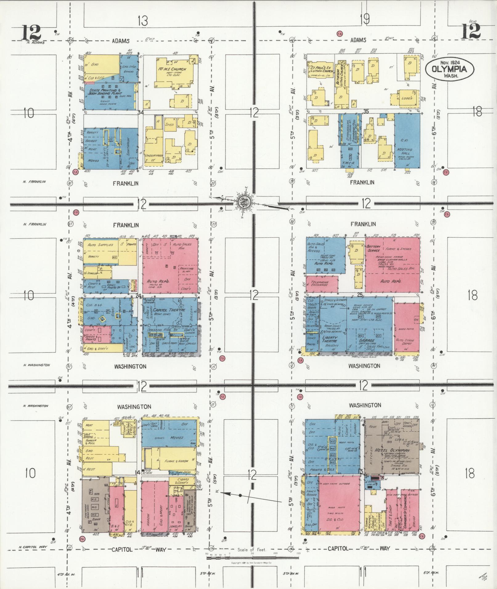 Sanborn Fire Insurance Map from Olympia, Thurston County, Washington (1924), Sheet #0012 - Complete Map Set gallery image, historic Sanborn map, vintage wall art, Washington Washington