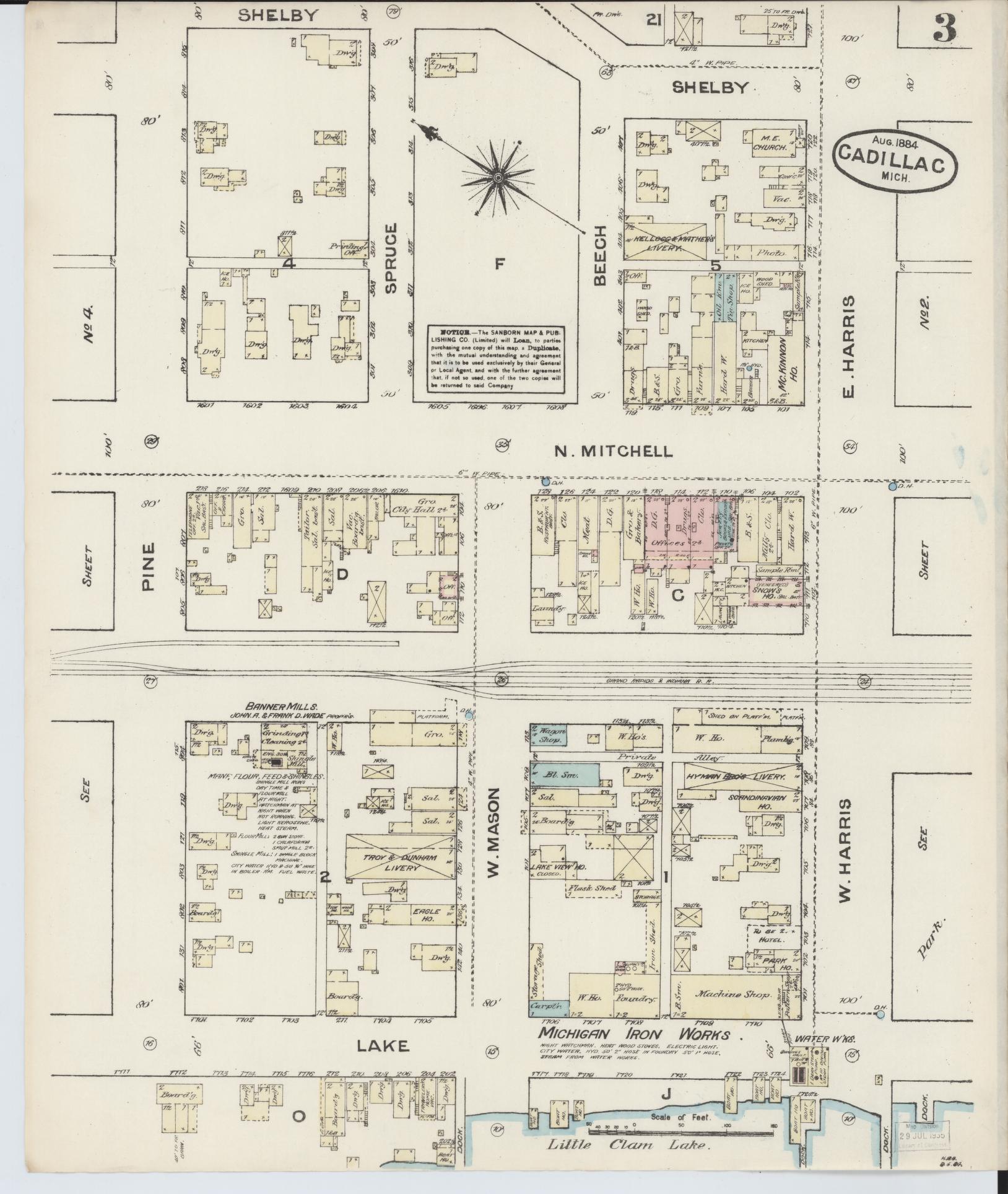 Sanborn Fire Insurance Map from Cadillac, Wexford County, Michigan (1884), Sheet #0003 - Complete Map Set gallery image, historic Sanborn map, vintage wall art, Michigan Michigan