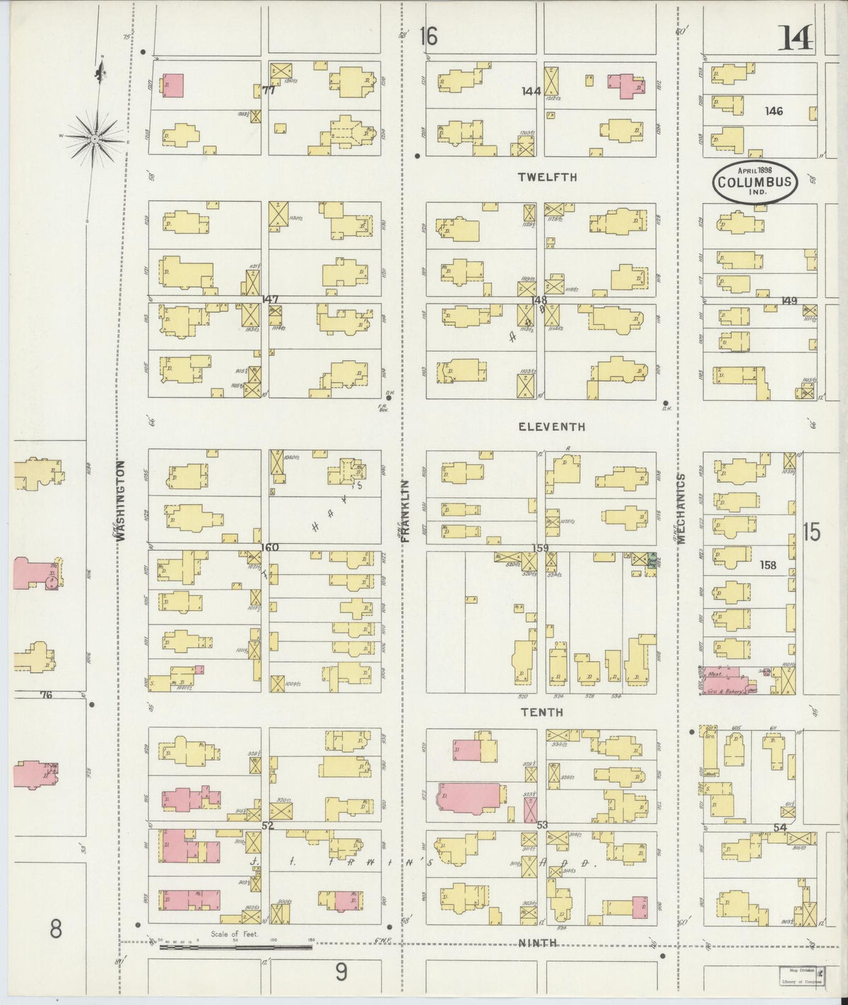 Sanborn Fire Insurance Map from Columbus, Bartholomew County, Indiana (1898), Sheet #0014 - Historic Sanborn Fire Insurance Map Print, vintage old map wall art, antique decor, genealogy gift, Indiana Indiana map