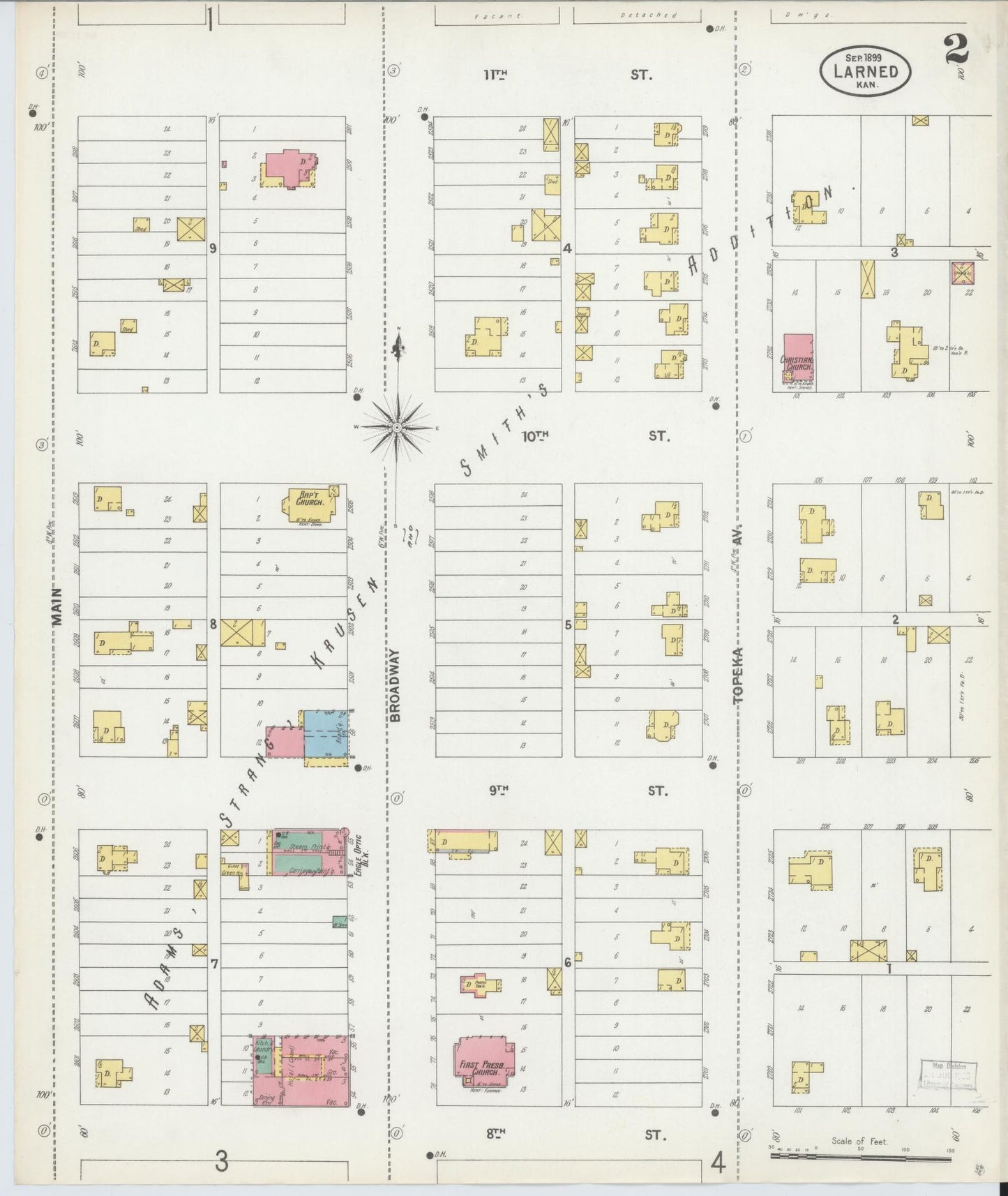 Sanborn Fire Insurance Map from Larned, Pawnee County, Kansas (1899), Sheet #0002 - Complete Map Set gallery image, historic Sanborn map, vintage wall art, Kansas Kansas