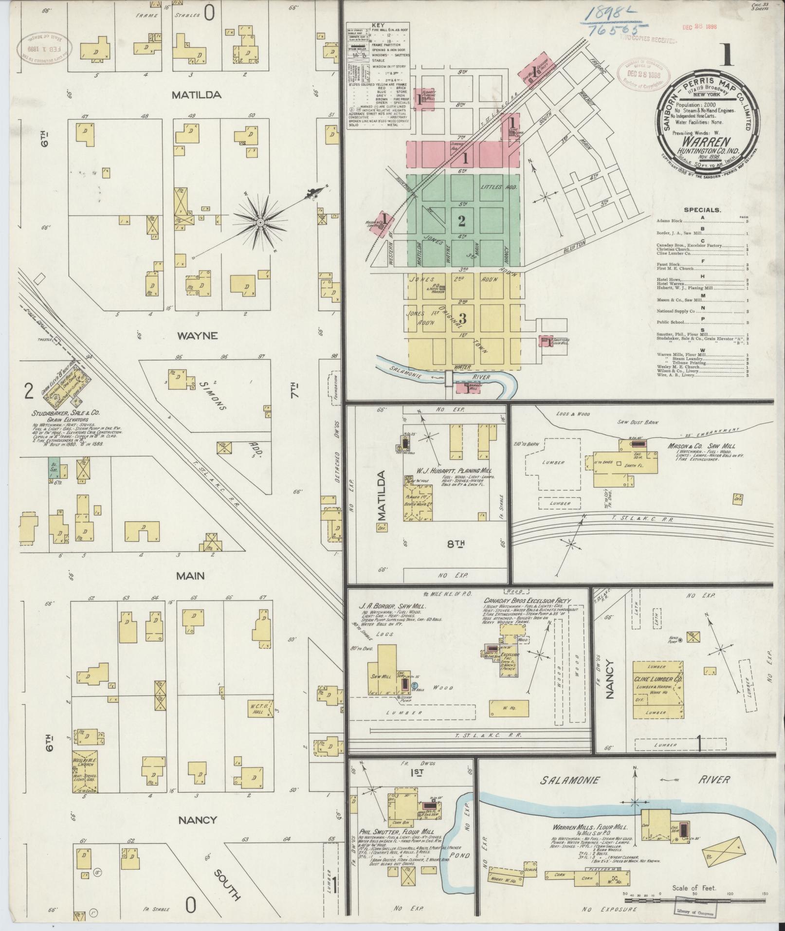 Sanborn Fire Insurance Map from Warren, Huntington County, Indiana (1898), Sheet #0001 - Complete Map Set gallery image, historic Sanborn map, vintage wall art, Indiana Indiana