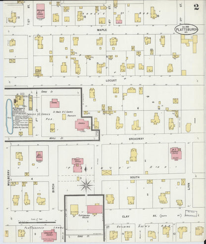 Sanborn Fire Insurance Map from Plattsburg, Clinton County, Missouri (1898), Sheet #0002 - Complete Map Set gallery image, historic Sanborn map, vintage wall art, Missouri Missouri