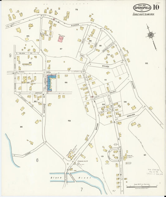 Sanborn Fire Insurance Map from Springfield, Windsor County, Vermont (1921), Sheet #0010 - Historic Sanborn Fire Insurance Map Print, vintage old map wall art, antique decor, genealogy gift, Vermont Vermont map