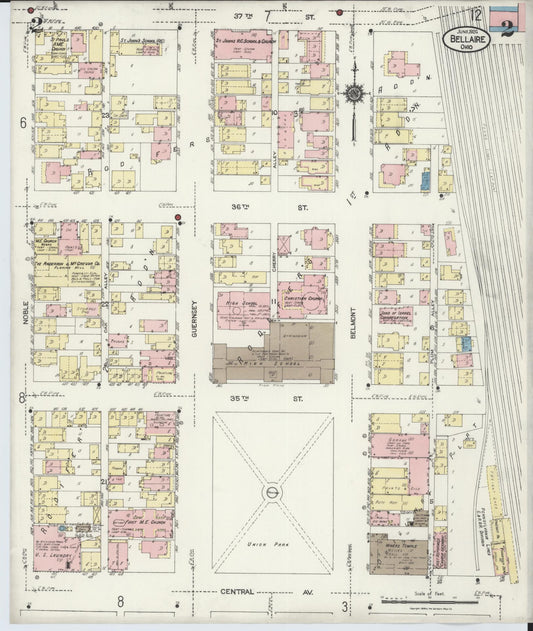 Sanborn Fire Insurance Map from Bellaire, Belmont County, Ohio (1924), Sheet #0002 - Historic Sanborn Fire Insurance Map Print, vintage old map wall art, antique decor, genealogy gift, Ohio Ohio map