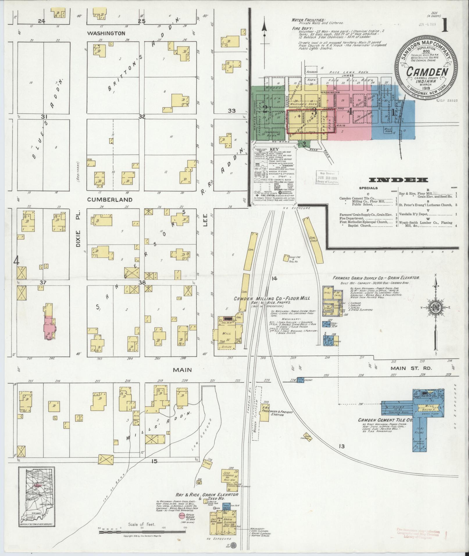 Sanborn Fire Insurance Map from Camden, Carroll County, Indiana (1919), Sheet #0001 - Complete Map Set gallery image, historic Sanborn map, vintage wall art, Indiana Indiana