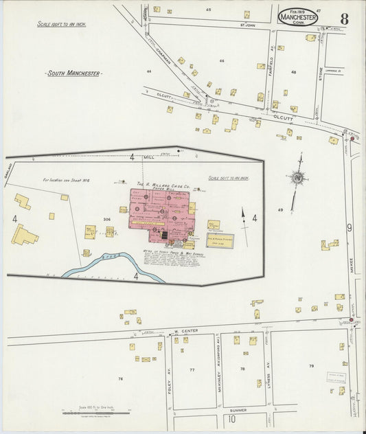 Sanborn Fire Insurance Map from Manchester, Hartford County, Connecticut (1919), Sheet #0008 - Historic Sanborn Fire Insurance Map Print, vintage old map wall art, antique decor, genealogy gift, Connecticut Connecticut map