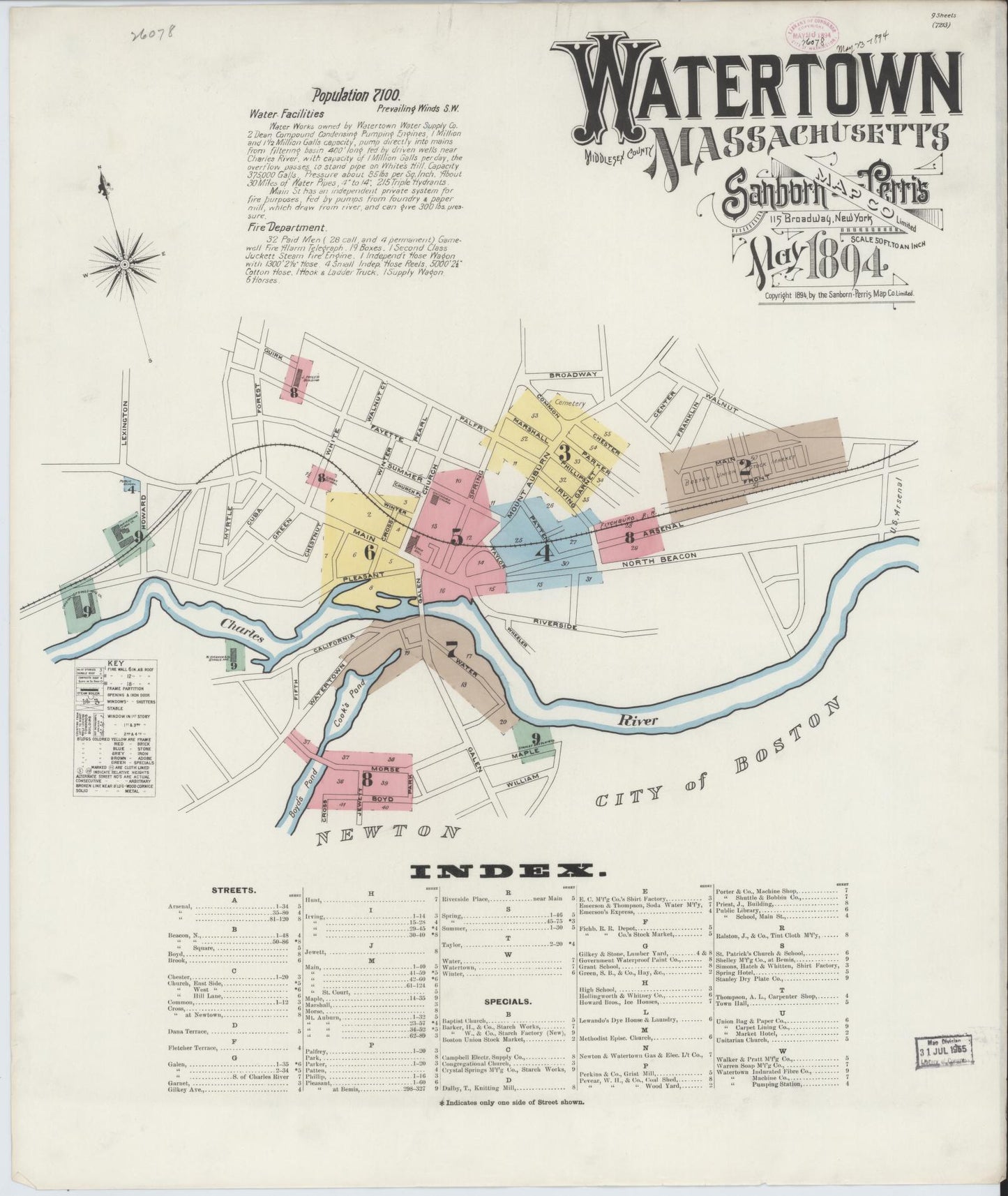 Sanborn Fire Insurance Map from Watertown, Middlesex County, Massachusetts (1894), Sheet #0001 - Complete Map Set gallery image, historic Sanborn map, vintage wall art, Massachusetts Massachusetts