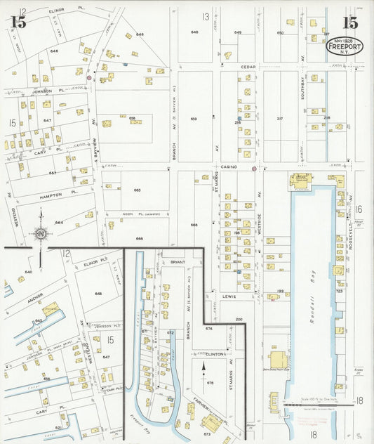 Sanborn Fire Insurance Map from Freeport, Nassau County, New York (1928), Sheet #0015 - Historic Sanborn Fire Insurance Map Print, vintage old map wall art, antique decor, genealogy gift, New York New York map