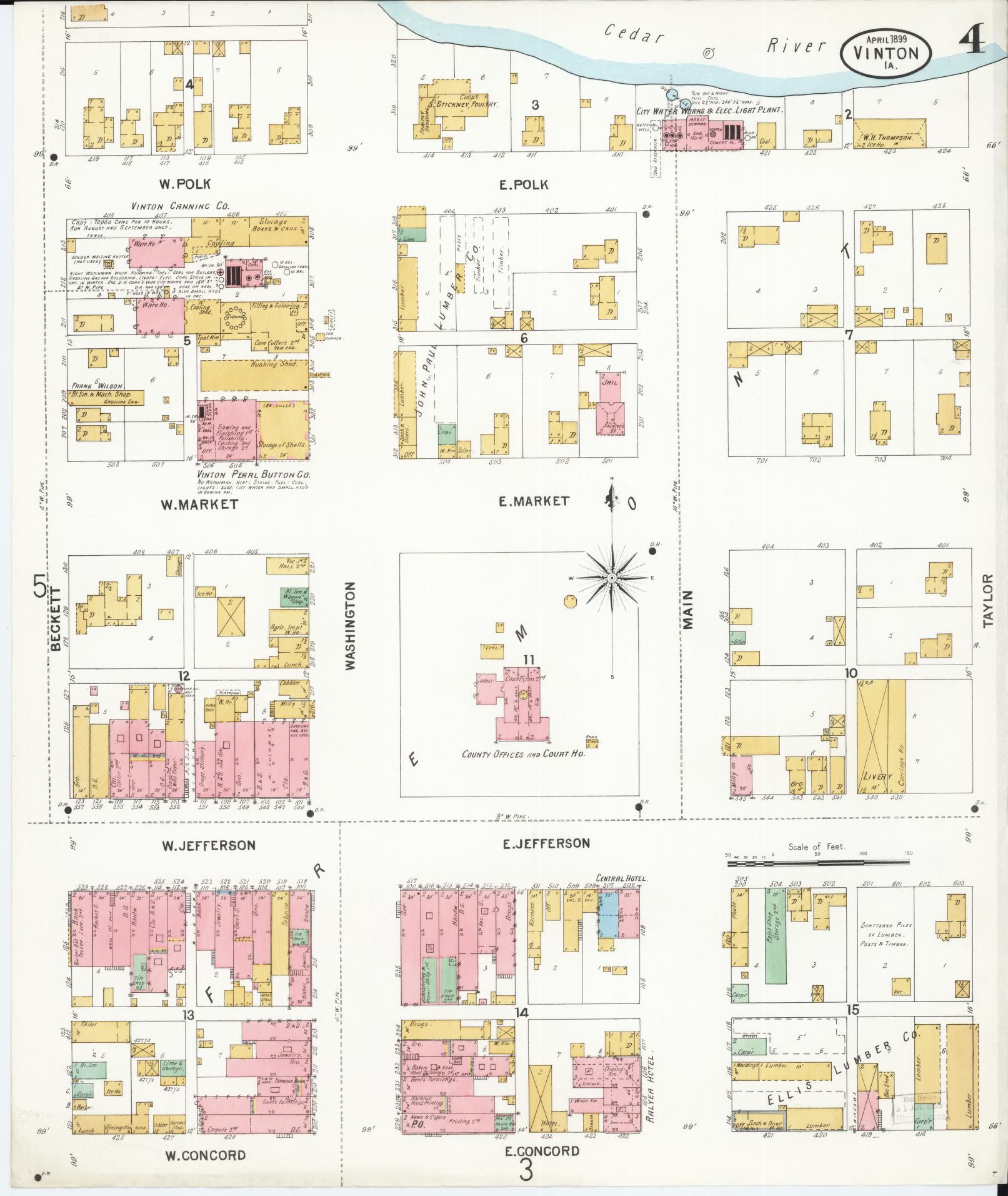 Sanborn Fire Insurance Map from Vinton, Benton County, Iowa (1899), Sheet #0004 - Historic Sanborn Fire Insurance Map Print, vintage old map wall art