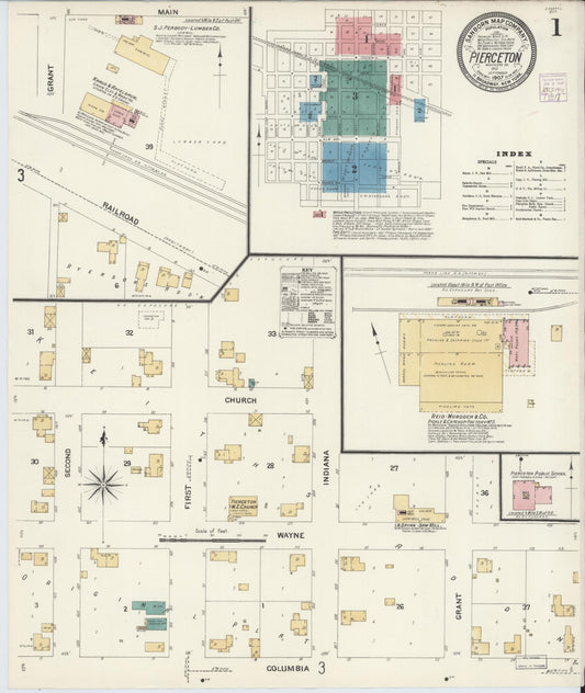 Sanborn Fire Insurance Map from Pierceton, Kosciusko County, Indiana (1907), Sheet #0001 - Historic Sanborn Fire Insurance Map Print, vintage old map wall art, antique decor, genealogy gift, Indiana Indiana map
