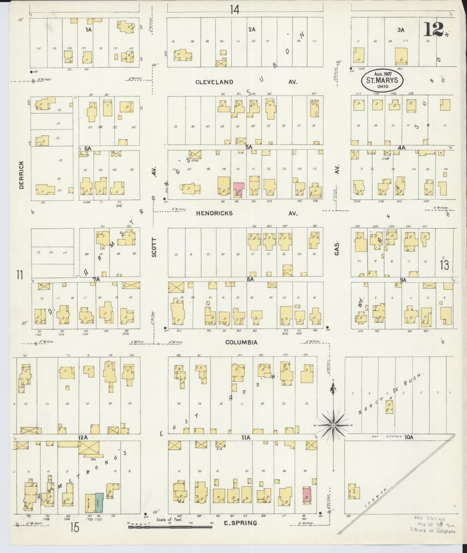 Sanborn Fire Insurance Map from Saint Marys, Auglaize County, Ohio (1907), Sheet #0012 - Historic Sanborn Fire Insurance Map Print, vintage old map wall art, antique decor, genealogy gift, Ohio Ohio map