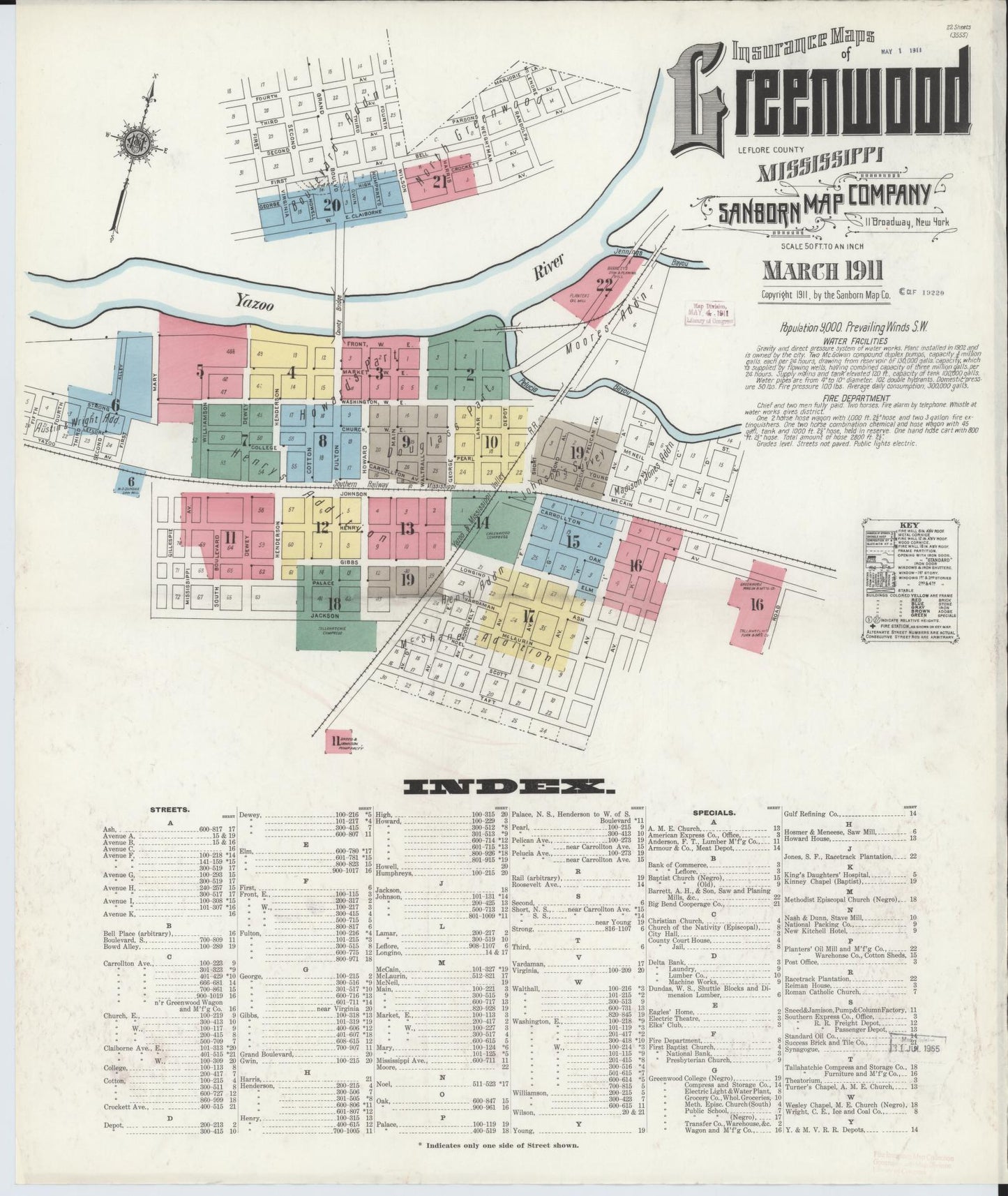 Sanborn Fire Insurance Map from Greenwood, Leflore County, Mississippi (1911), Sheet #0001 - Complete Map Set gallery image, historic Sanborn map, vintage wall art, Mississippi Mississippi