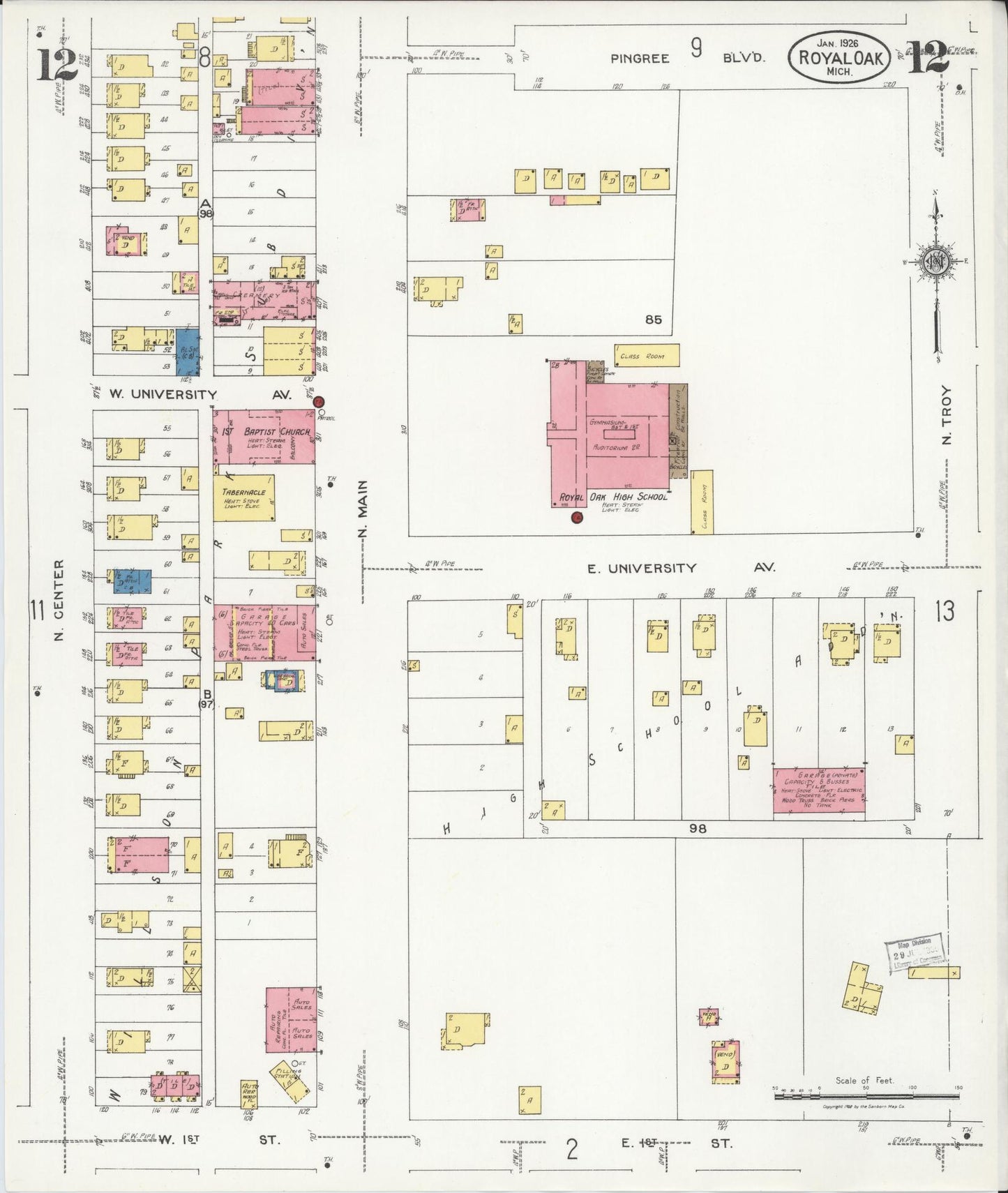 Sanborn Fire Insurance Map from Royal Oak, Oakland County, Michigan (1926), Sheet #0012 - Complete Map Set gallery image, historic Sanborn map, vintage wall art, Michigan Michigan