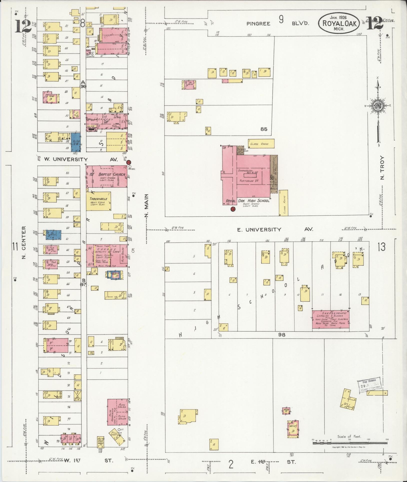 Sanborn Fire Insurance Map from Royal Oak, Oakland County, Michigan (1926), Sheet #0012 - Complete Map Set gallery image, historic Sanborn map, vintage wall art, Michigan Michigan