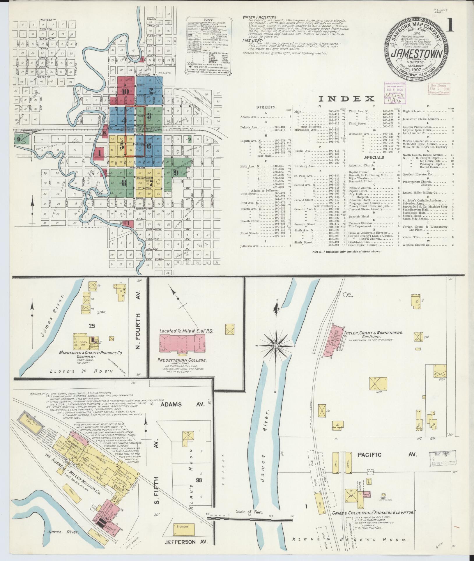 Sanborn Fire Insurance Map from Jamestown, Stutsman County, North Dakota (1907), Sheet #0001 - Complete Map Set gallery image, historic Sanborn map, vintage wall art, North Dakota North Dakota