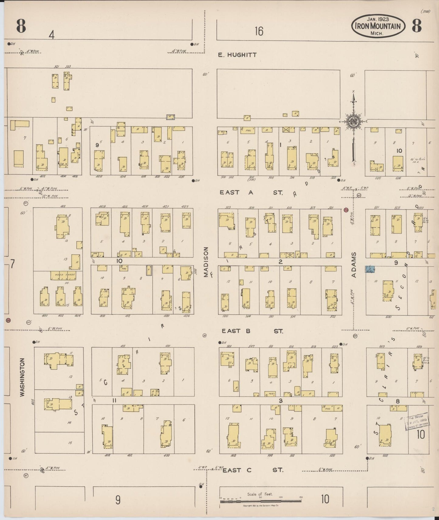 Sanborn Fire Insurance Map from Iron Mountain, Dickinson County, Michigan (1923), Sheet #0008 - Historic Sanborn Fire Insurance Map Print, vintage old map wall art, antique decor, genealogy gift, Michigan Michigan map