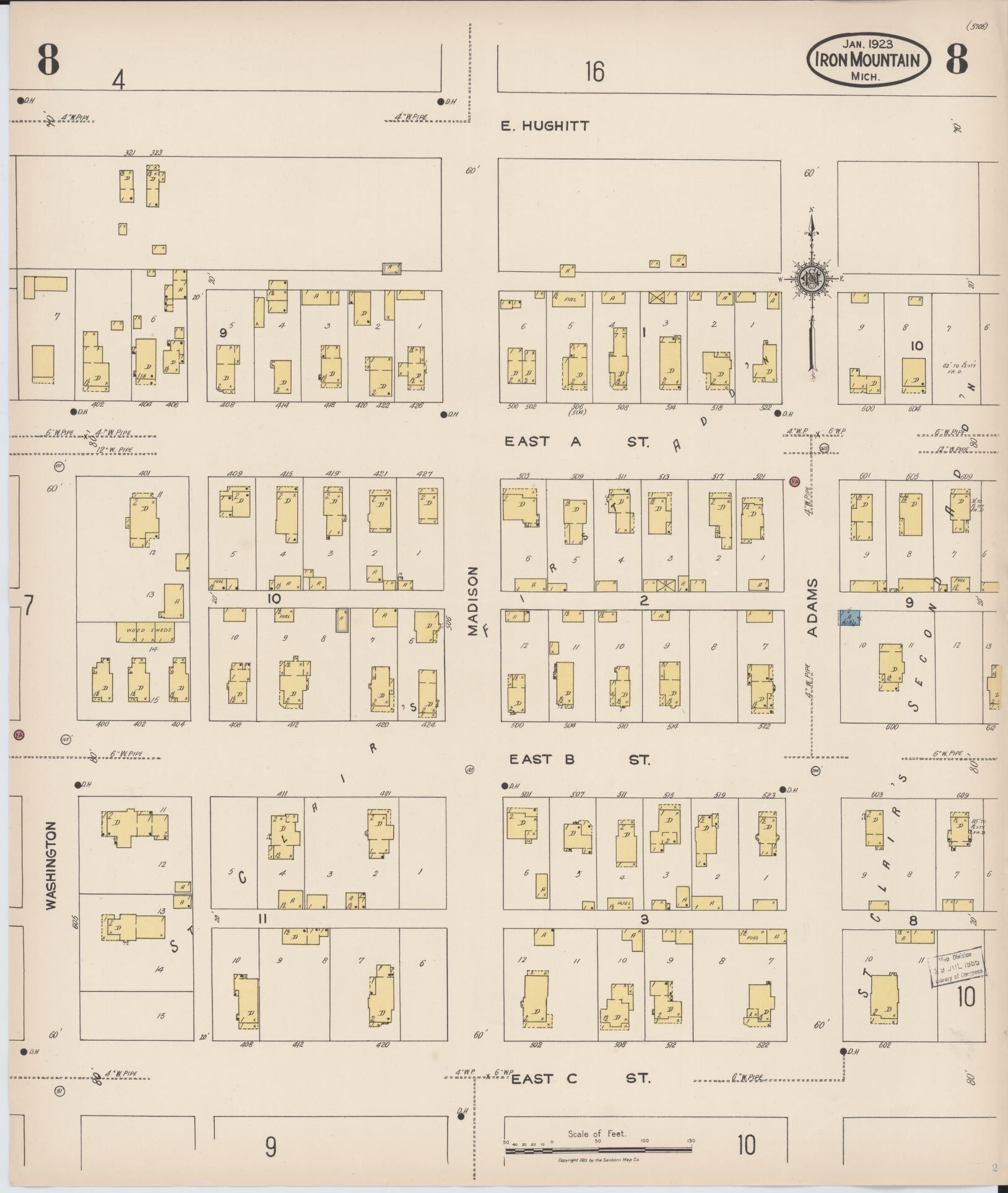 Sanborn Fire Insurance Map from Iron Mountain, Dickinson County, Michigan (1923), Sheet #0008 - Historic Sanborn Fire Insurance Map Print, vintage old map wall art, antique decor, genealogy gift, Michigan Michigan map