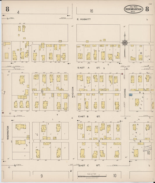 Sanborn Fire Insurance Map from Iron Mountain, Dickinson County, Michigan (1923), Sheet #0008 - Historic Sanborn Fire Insurance Map Print, vintage old map wall art, antique decor, genealogy gift, Michigan Michigan map
