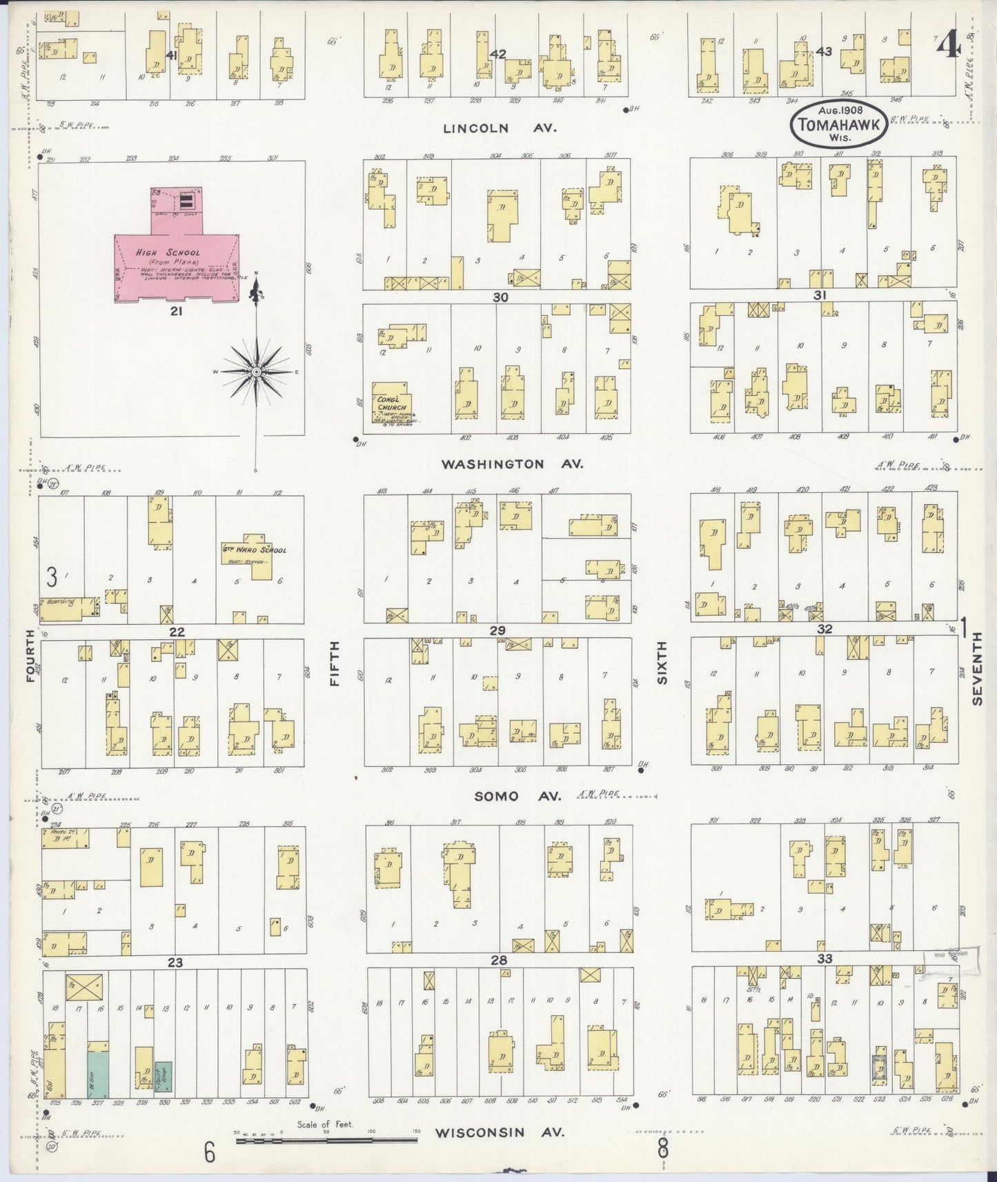 Sanborn Fire Insurance Map from Tomahawk, Lincoln County, Wisconsin (1908), Sheet #0004 - Complete Map Set gallery image, historic Sanborn map, vintage wall art, Wisconsin Wisconsin