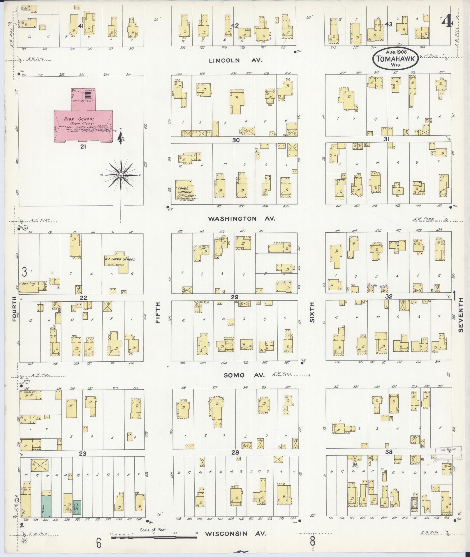 Sanborn Fire Insurance Map from Tomahawk, Lincoln County, Wisconsin (1908), Sheet #0004 - Complete Map Set gallery image, historic Sanborn map, vintage wall art, Wisconsin Wisconsin