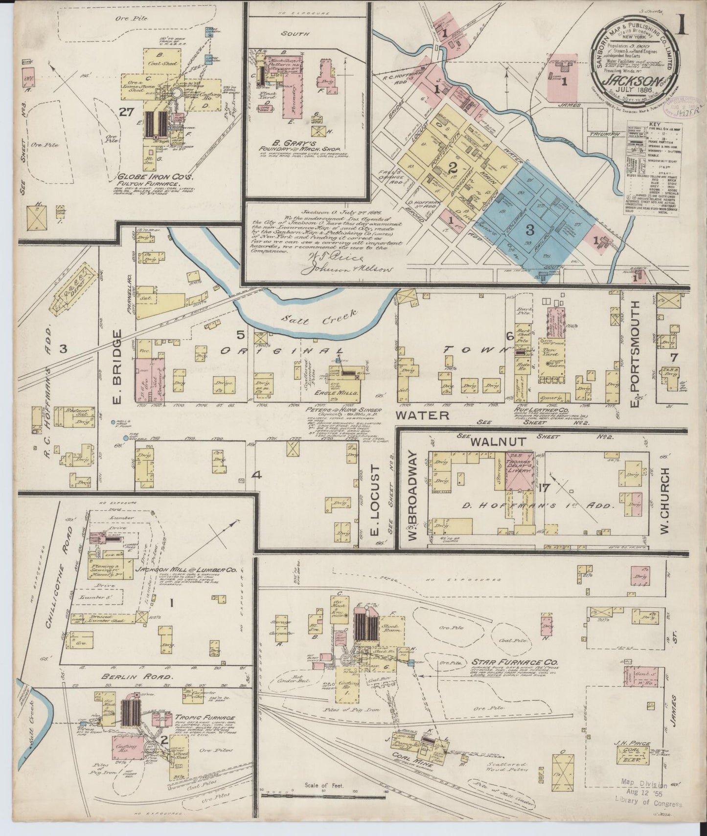 Sanborn Fire Insurance Map from Jackson, Jackson County, Ohio (1886), Sheet #0001 - Historic Sanborn Fire Insurance Map Print, vintage old map wall art, antique decor, genealogy gift, Ohio Ohio map