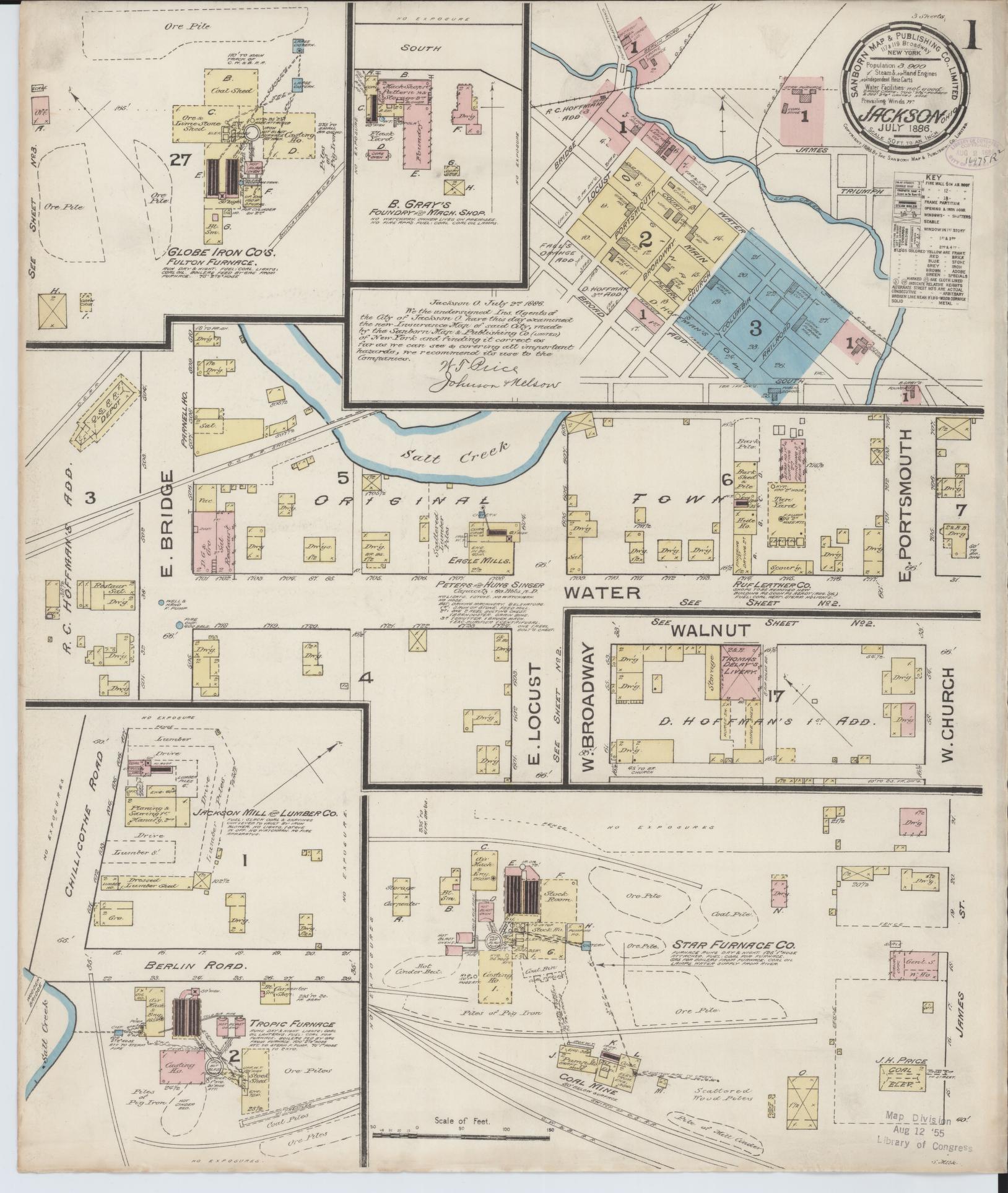 Sanborn Fire Insurance Map from Jackson, Jackson County, Ohio (1886), Sheet #0001 - Historic Sanborn Fire Insurance Map Print, vintage old map wall art, antique decor, genealogy gift, Ohio Ohio map