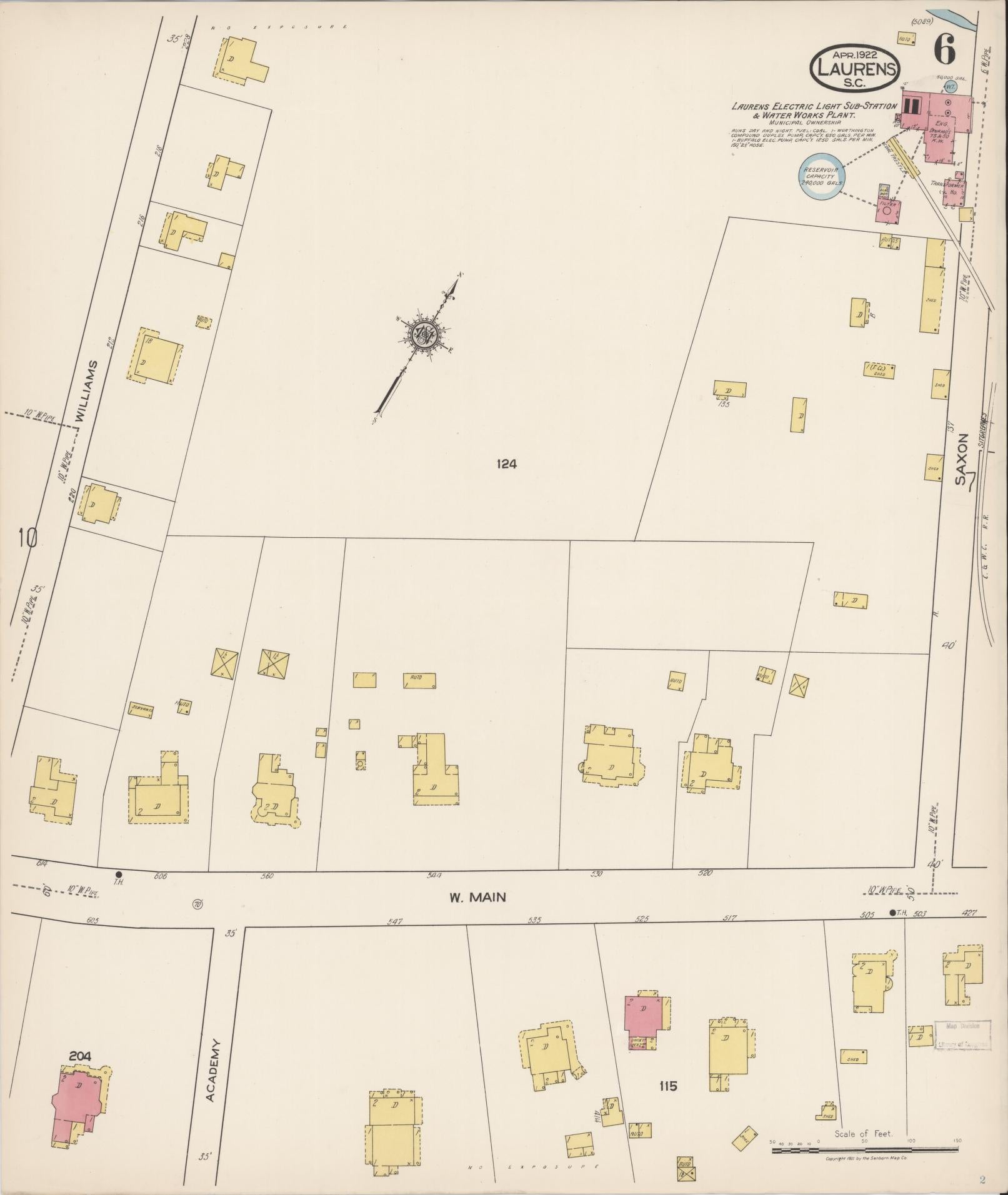 Sanborn Fire Insurance Map from Laurens, Laurens County, South Carolina (1922), Sheet #0006 - Historic Sanborn Fire Insurance Map Print, vintage old map wall art, antique decor, genealogy gift, South Carolina South Carolina map