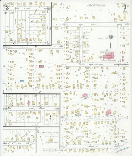 Sanborn Fire Insurance Map from Flushing, Genesee County, Michigan (1934), Sheet #0003 - Historic Sanborn Fire Insurance Map Print, vintage old map wall art, antique decor, genealogy gift, Michigan Michigan map