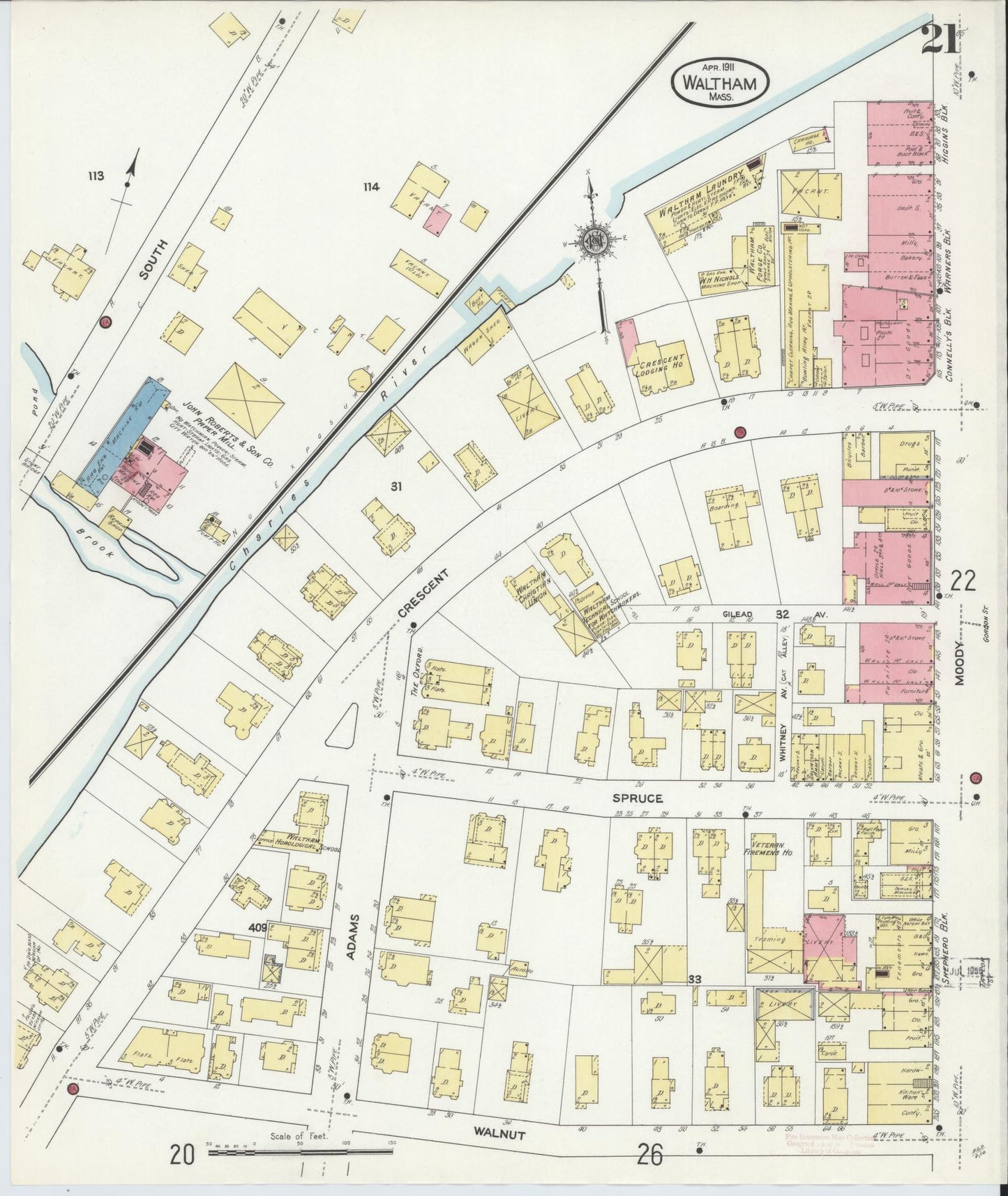Sanborn Fire Insurance Map from Waltham, Middlesex County, Massachusetts (1911), Sheet #0021 - Historic Sanborn Fire Insurance Map Print, vintage old map wall art, antique decor, genealogy gift, Massachusetts Massachusetts map